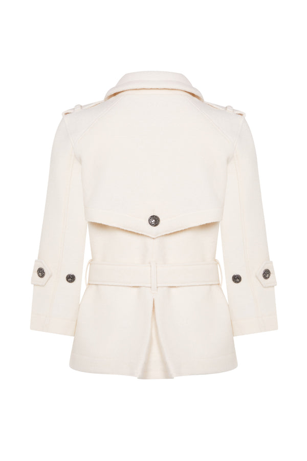 CLAUDIA Off White Boiled Wool Belted Military Jacket