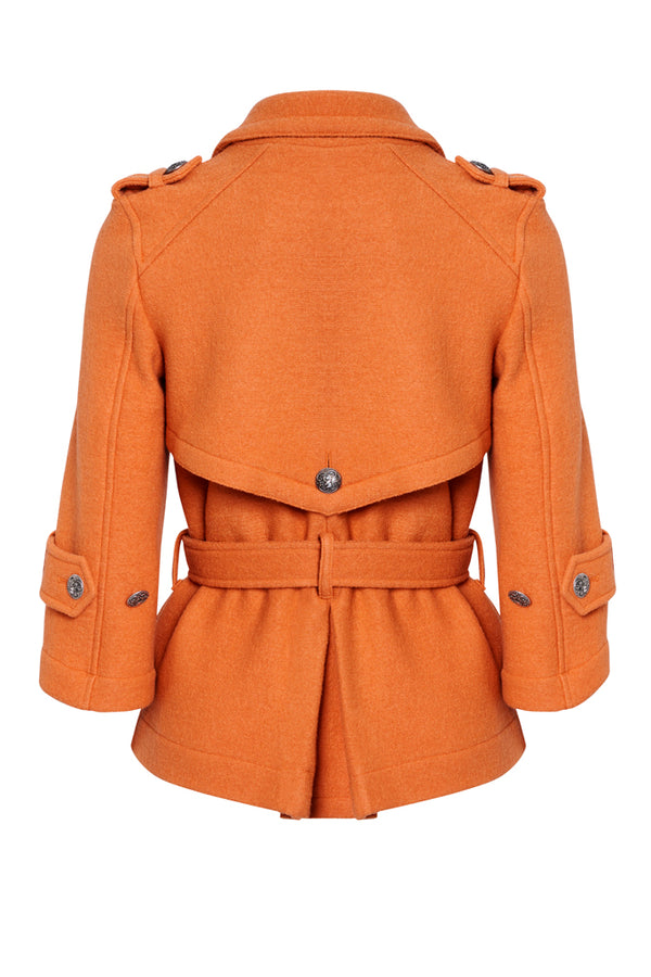 CLAUDIA Orange Boiled Wool Belted Military Jacket Back