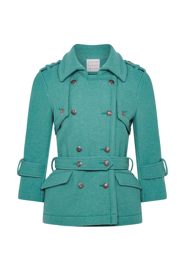 CLAUDIA Mint Boiled Wool Belted Military Jacket