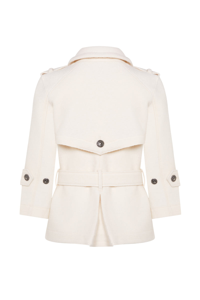 CLAUDIA Off White Boiled Wool Belted Military Jacket
