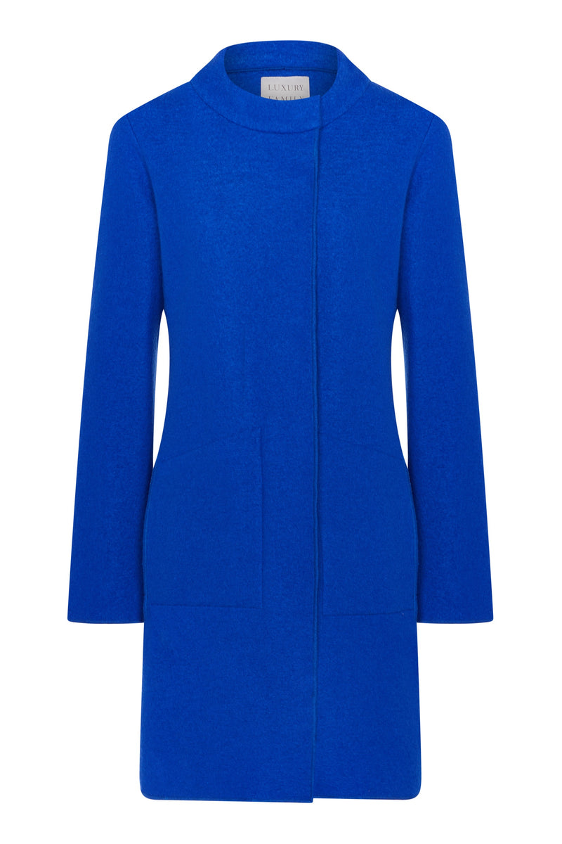 JACKIE O. Flattering Loose Unlined Royal Blue Boiled Wool Coat