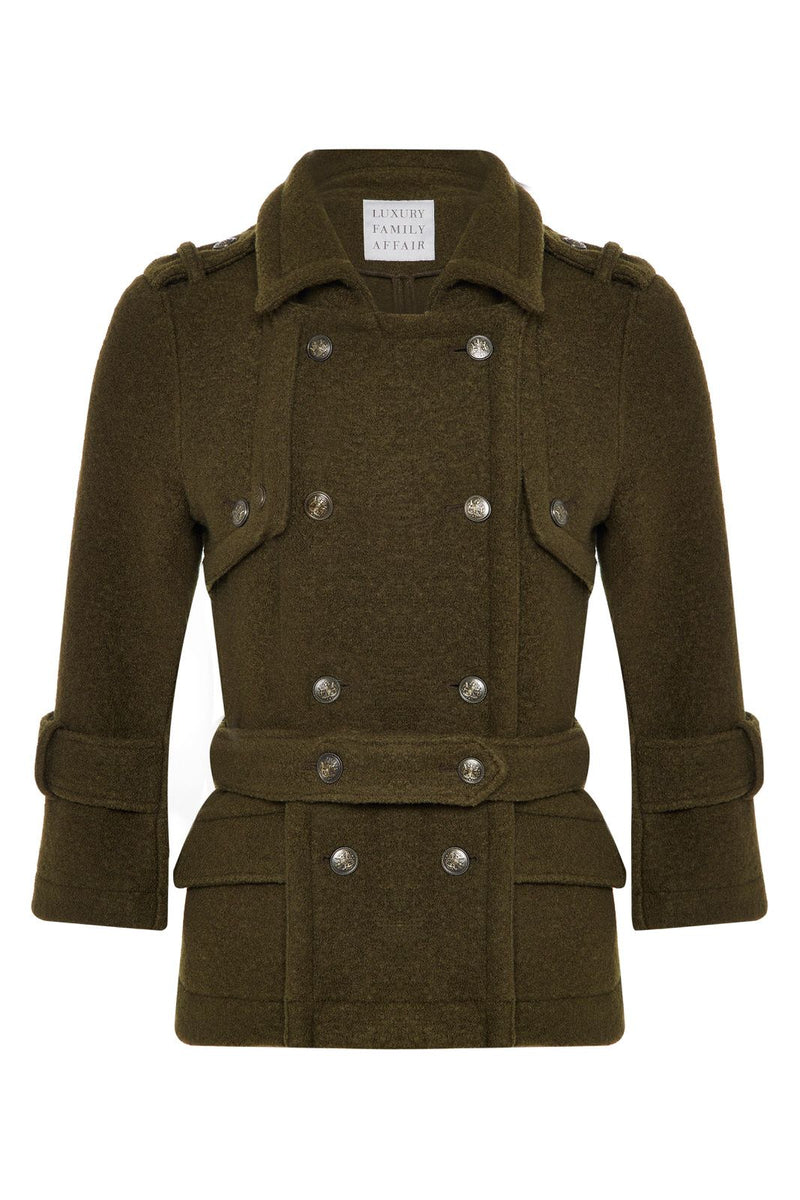 CLAUDIA Khaki Boiled Wool Belted Military Gilet