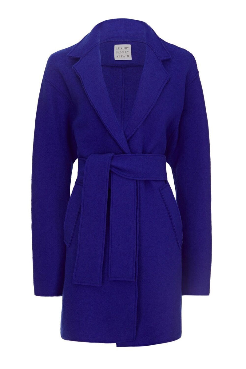 BERLIN Royal Blue Boiled Wool Belted Cardigan Jacket Front