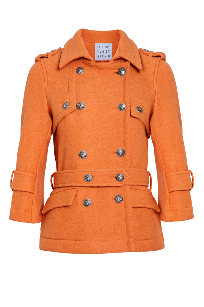 CLAUDIA Orange Boiled Wool Belted Military Jacket Front