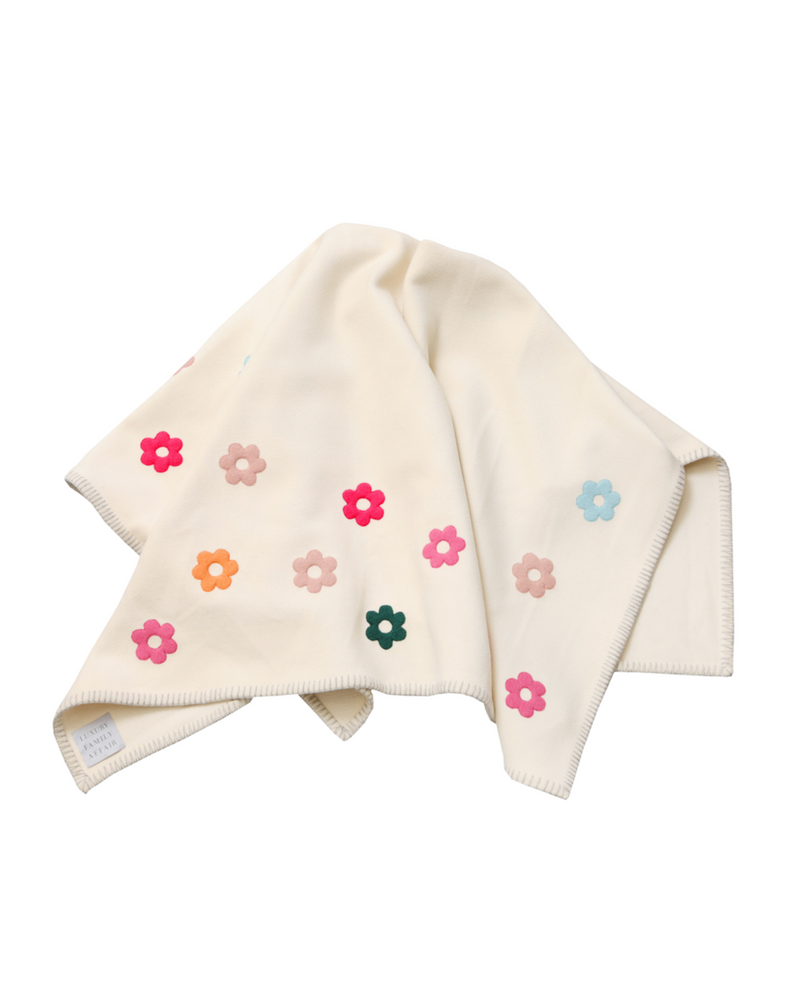 HAPPY HIPPIE White Wool Throw Blanket with Multicolour Flowers Folded
