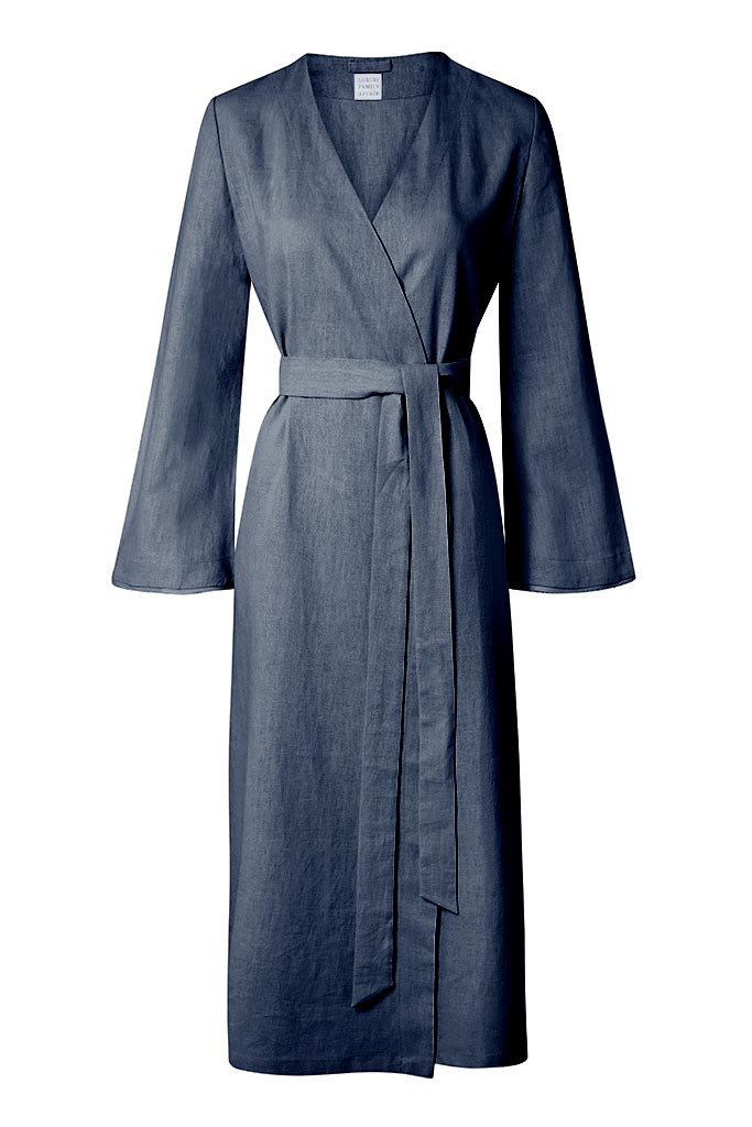 ST. TROPEZ Denim Blue Pure Organic Linen Belted Kimono Robe Dress Front