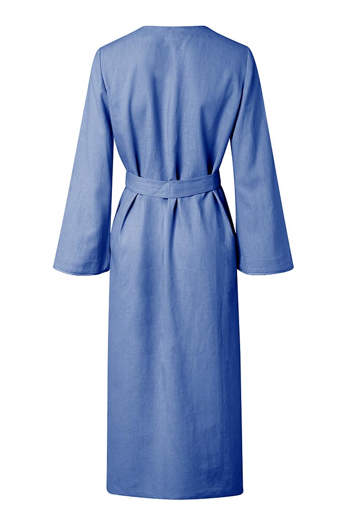 ST. TROPEZ Ocean Blue Pure Organic Linen Belted Kimono Robe Dress Back