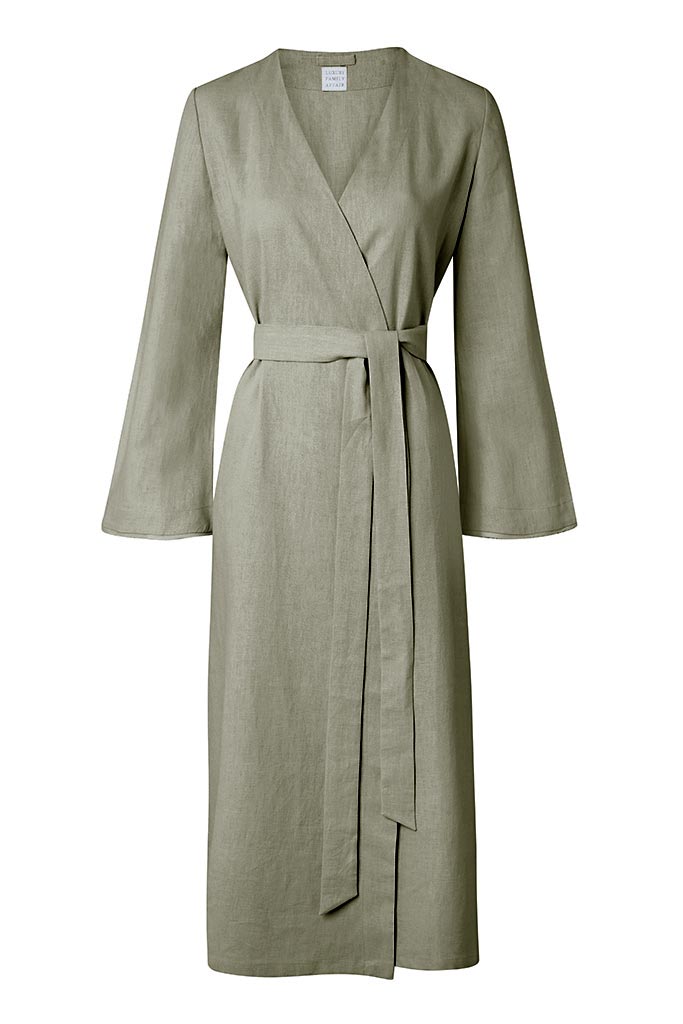 ST. TROPEZ Olive Green Pure Organic Linen Belted Kimono Robe Dress Front